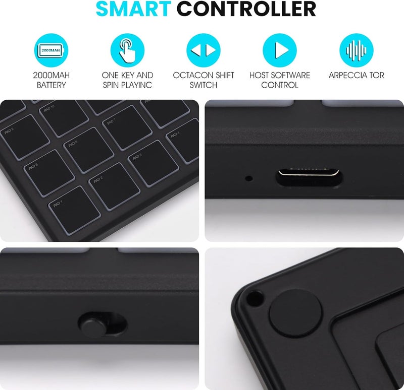 M-Wave M-VAVE Wireless MIDI Controller Pads, 4.1 * 4.1 Inch, 0.28 LBS, Bluetooth Portable USB with 16 Drum, Note Repeat, Full Level Buttons, Rechargeable battery (Black Pocket) - Image 5